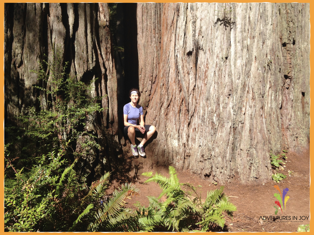 A woman sitting by a large tree